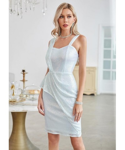 Women's 2023 Christmas Ruched Sequined Dress Asymmetric Strap Party Pencil Dress White $8.80 Dresses