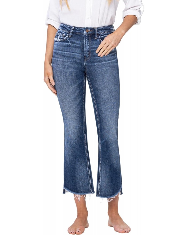 High Rise Step Hem Cropped Flare Jeans Dark Blue F5245-27 $40.96 Jeans