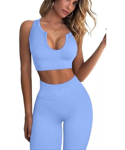 Workout Outfits for Women 2 Piece Ribbed Seamless Crop Tank High Waist Yoga Leggings Sets Blue 01 $17.63 Activewear