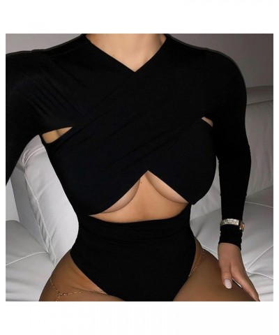 Women's Bodycon Long Sleeve Crisscross Cutout Front Bodysuit Top Leotard Night Out Clubwear Black $13.64 Lingerie