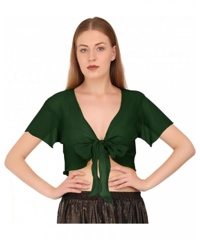 Women's Chiffon Short Sleeve Tie Top Choli Blouse Belly Dance Gypsy Dark Green $10.32 Blouses