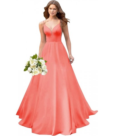 A line Satin Prom Dresses V Neck Long Ball Gowns Simple Wedding Dresses Coral $44.59 Dresses