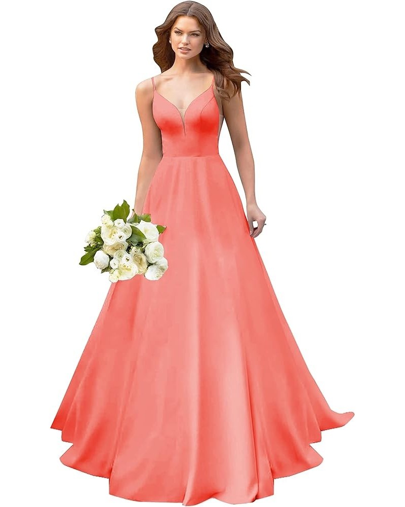 A line Satin Prom Dresses V Neck Long Ball Gowns Simple Wedding Dresses Coral $44.59 Dresses