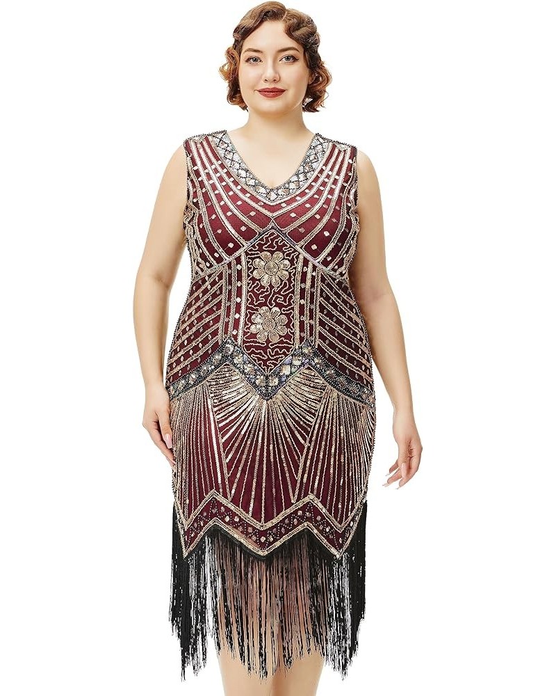 Women's Plus Size Flapper Dresses 1920s V Neck Beaded Fringed Great Gatsby Dress Gold Winered $31.85 Dresses