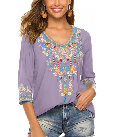 Women's Boho Embroidered Peasant Tops 3/4 Sleeve V Neck Mexican Bohemian Shirts Tunics Blouses Light Purple $27.00 Blouses