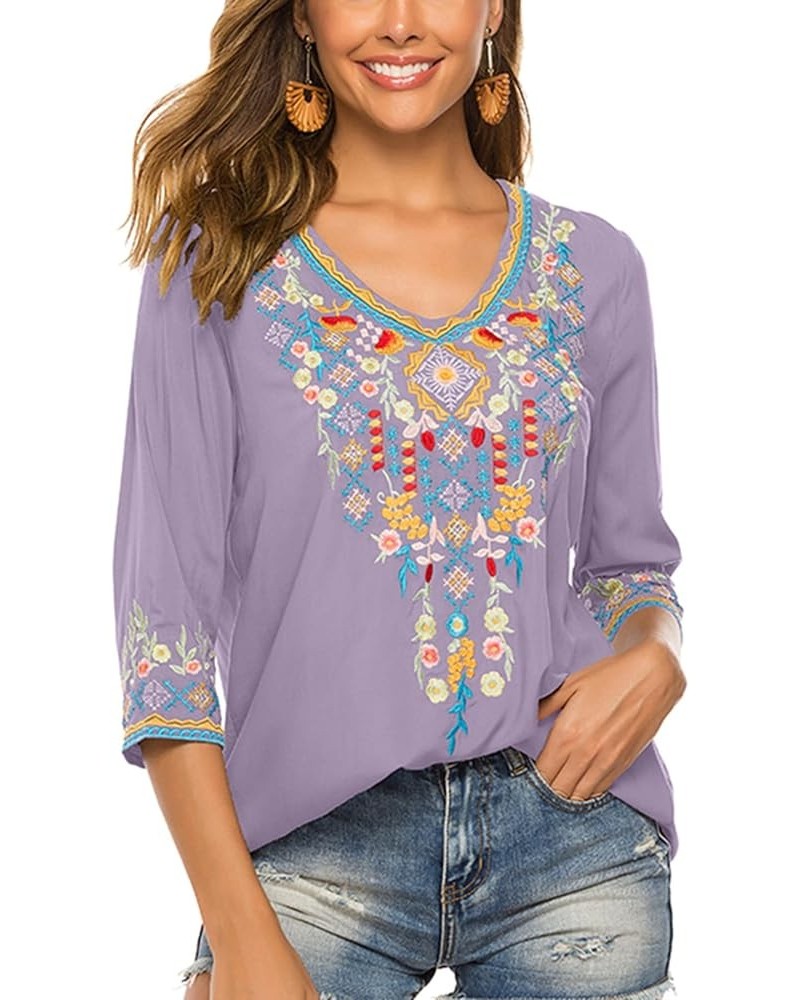 Women's Boho Embroidered Peasant Tops 3/4 Sleeve V Neck Mexican Bohemian Shirts Tunics Blouses Light Purple $27.00 Blouses