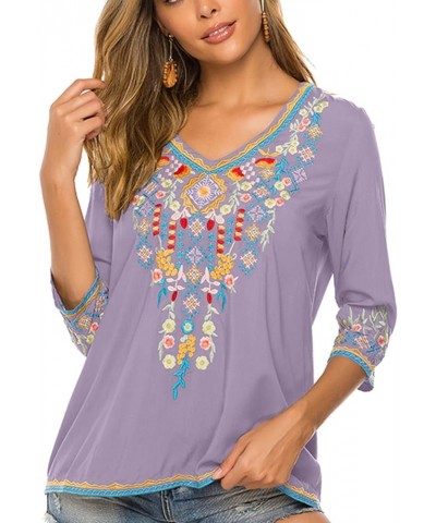 Women's Boho Embroidered Peasant Tops 3/4 Sleeve V Neck Mexican Bohemian Shirts Tunics Blouses Light Purple $27.00 Blouses