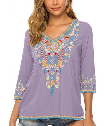 Women's Boho Embroidered Peasant Tops 3/4 Sleeve V Neck Mexican Bohemian Shirts Tunics Blouses Light Purple $27.00 Blouses