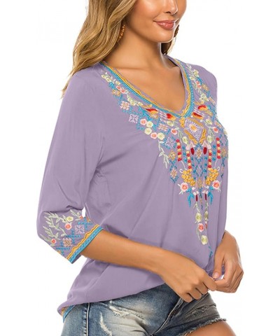 Women's Boho Embroidered Peasant Tops 3/4 Sleeve V Neck Mexican Bohemian Shirts Tunics Blouses Light Purple $27.00 Blouses