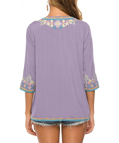 Women's Boho Embroidered Peasant Tops 3/4 Sleeve V Neck Mexican Bohemian Shirts Tunics Blouses Light Purple $27.00 Blouses