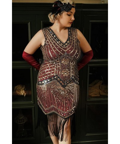 Women's Plus Size Flapper Dresses 1920s V Neck Beaded Fringed Great Gatsby Dress Gold Winered $31.85 Dresses