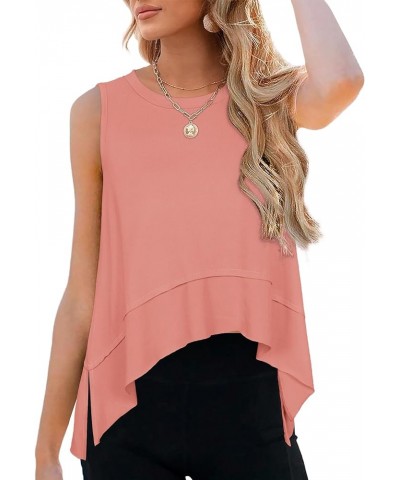 Womens Tank Top Flowy Side Slit High Low Asymmetrical Hem Tops Casual Summer Teen Girls Sleeveless Shirts B-coral $7.55 Tanks