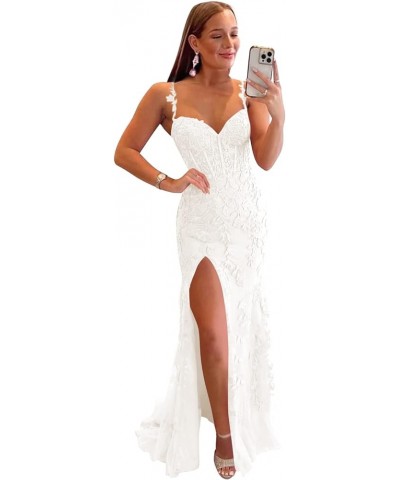 Women's Lace Mermaid Prom Dresses Long with Slit Mermaid Spaghetti Straps Backless Formal Evening Gowns YZTS099 Ivory $44.19 ...