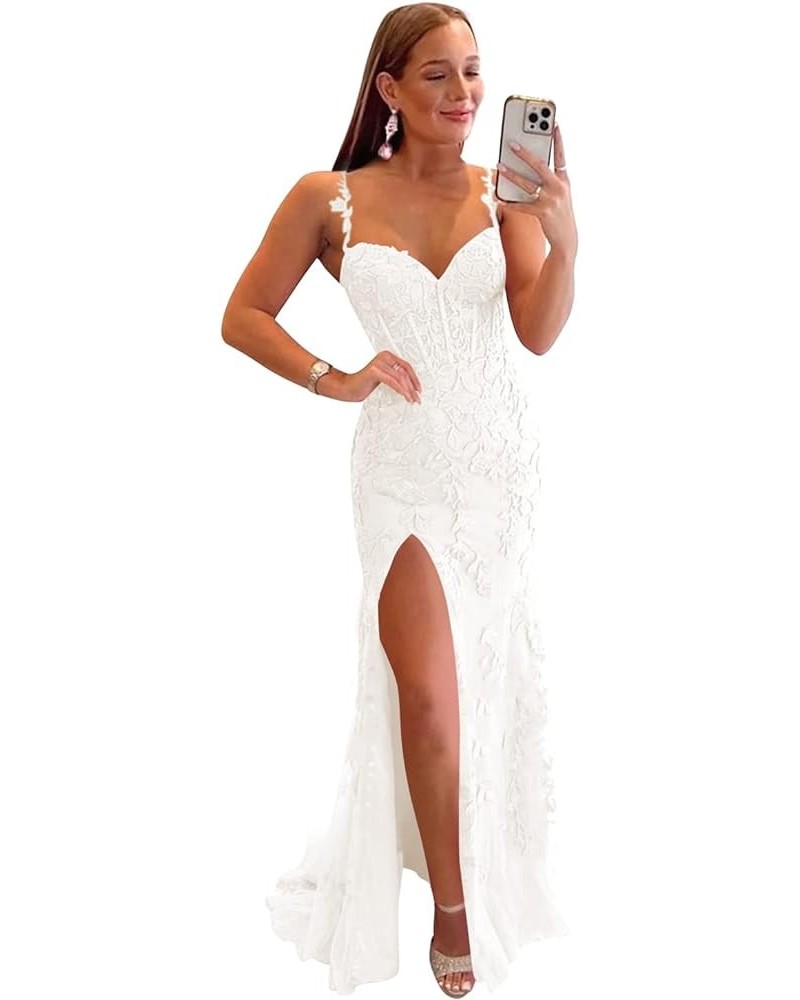 Women's Lace Mermaid Prom Dresses Long with Slit Mermaid Spaghetti Straps Backless Formal Evening Gowns YZTS099 Ivory $44.19 ...