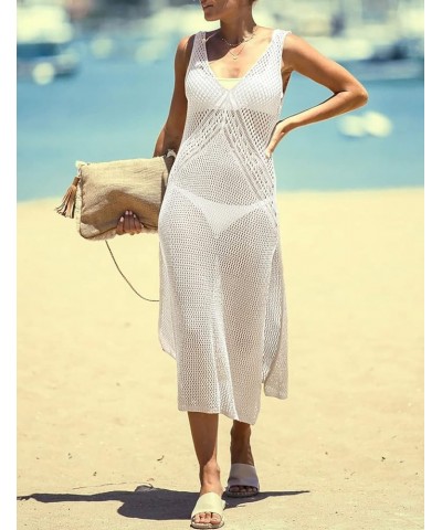 Tunic Swimwear Cover Up Crochet Hollow Beach Bikini Dress for Women H-white $12.53 Swimsuits