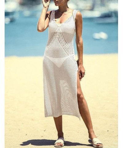 Tunic Swimwear Cover Up Crochet Hollow Beach Bikini Dress for Women H-white $12.53 Swimsuits