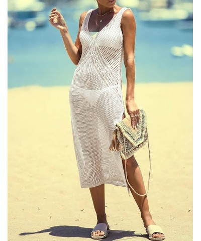 Tunic Swimwear Cover Up Crochet Hollow Beach Bikini Dress for Women H-white $12.53 Swimsuits