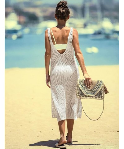 Tunic Swimwear Cover Up Crochet Hollow Beach Bikini Dress for Women H-white $12.53 Swimsuits