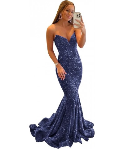 Mermaid Sequin Prom Dress with Train Sparkly Strapless V-Neck Backless Evening Formal Ball Gown Navy Blue $37.79 Dresses