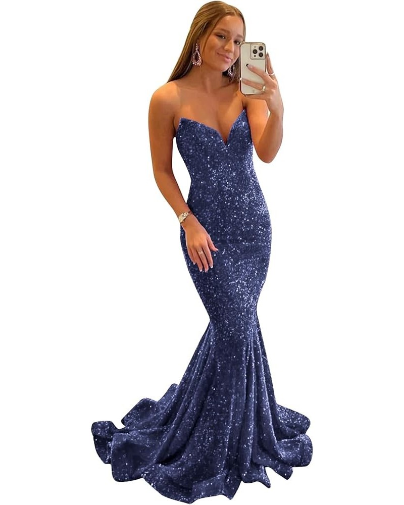 Mermaid Sequin Prom Dress with Train Sparkly Strapless V-Neck Backless Evening Formal Ball Gown Navy Blue $37.79 Dresses