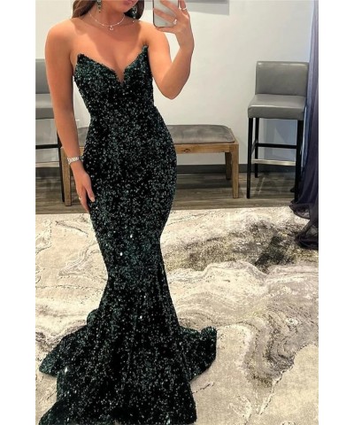 Mermaid Sequin Prom Dress with Train Sparkly Strapless V-Neck Backless Evening Formal Ball Gown Navy Blue $37.79 Dresses