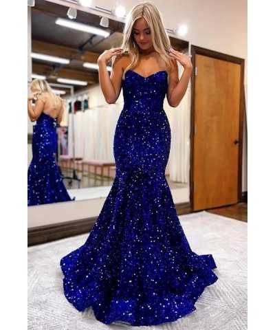 Mermaid Sequin Prom Dress with Train Sparkly Strapless V-Neck Backless Evening Formal Ball Gown Navy Blue $37.79 Dresses