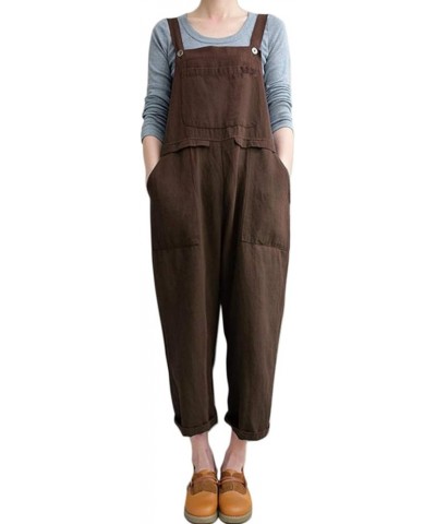 Womens Overalls Cotton Linen Overalls for Women Loose Fit Harem Wide Leg Jumpsuit with Pockets Brown $10.25 Overalls