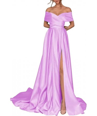 Women's Off Shoulder High Slit Prom Dresses Long Sexy Spaghetti Satin Prom Party Gowns Lilac $43.68 Dresses