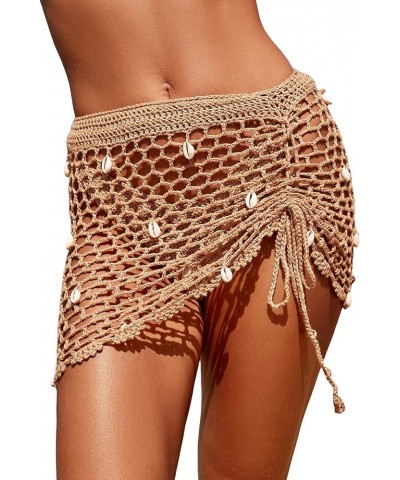 Women's Crochet Cover Up Skirt Drawstring Knit Mini Beach Cover Up Drawstring Khaki $12.76 Swimsuits