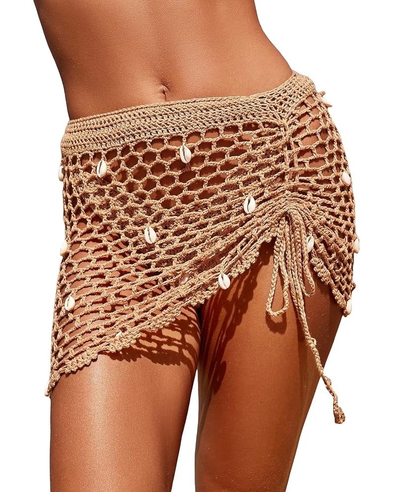 Women's Crochet Cover Up Skirt Drawstring Knit Mini Beach Cover Up Drawstring Khaki $12.76 Swimsuits