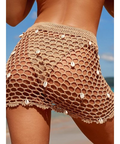 Women's Crochet Cover Up Skirt Drawstring Knit Mini Beach Cover Up Drawstring Khaki $12.76 Swimsuits