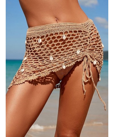 Women's Crochet Cover Up Skirt Drawstring Knit Mini Beach Cover Up Drawstring Khaki $12.76 Swimsuits