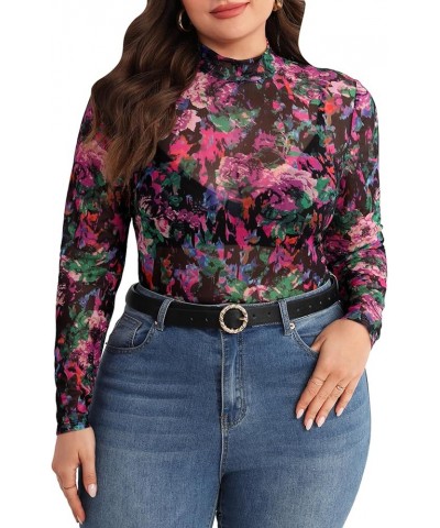 Women's Plus Size Floral Print Mock Neck Sheer Mesh Tee Shirts Top Black Purple Multi $9.46 T-Shirts