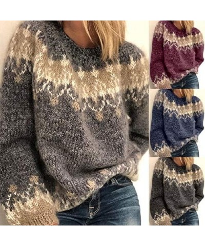 Womens Fair Isle Sweater Vintage Fair Isle Print Pullover Crewneck Knitted Long Sleeve Soft Warm Jumper Tops B05 Khaki $14.34...