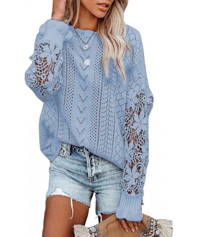 Womens Crewneck Crochet Lace Long Sleeve Hollow Out Cable Knit Pullover Sweaters Tops A Sky Blue $21.15 Sweaters