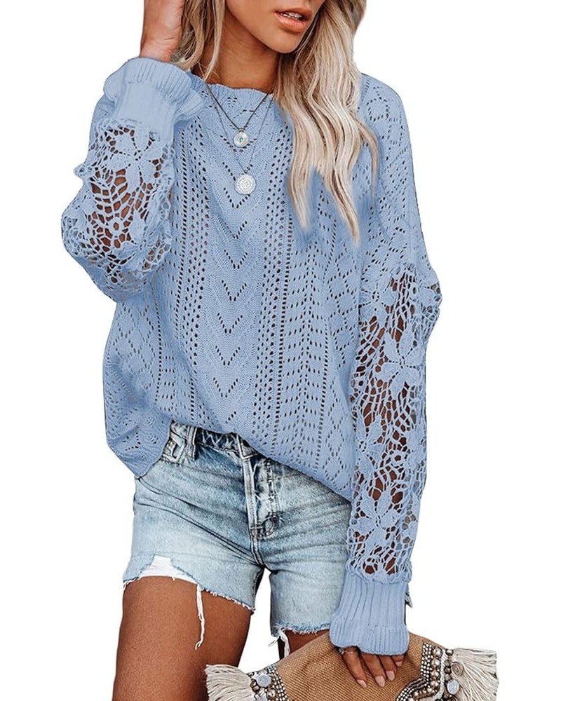 Womens Crewneck Crochet Lace Long Sleeve Hollow Out Cable Knit Pullover Sweaters Tops A Sky Blue $21.15 Sweaters