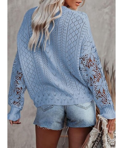 Womens Crewneck Crochet Lace Long Sleeve Hollow Out Cable Knit Pullover Sweaters Tops A Sky Blue $21.15 Sweaters