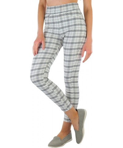 Women's Belted Bengaline Ankle Length Pants White & Black Plaid Pattern $18.57 Pants