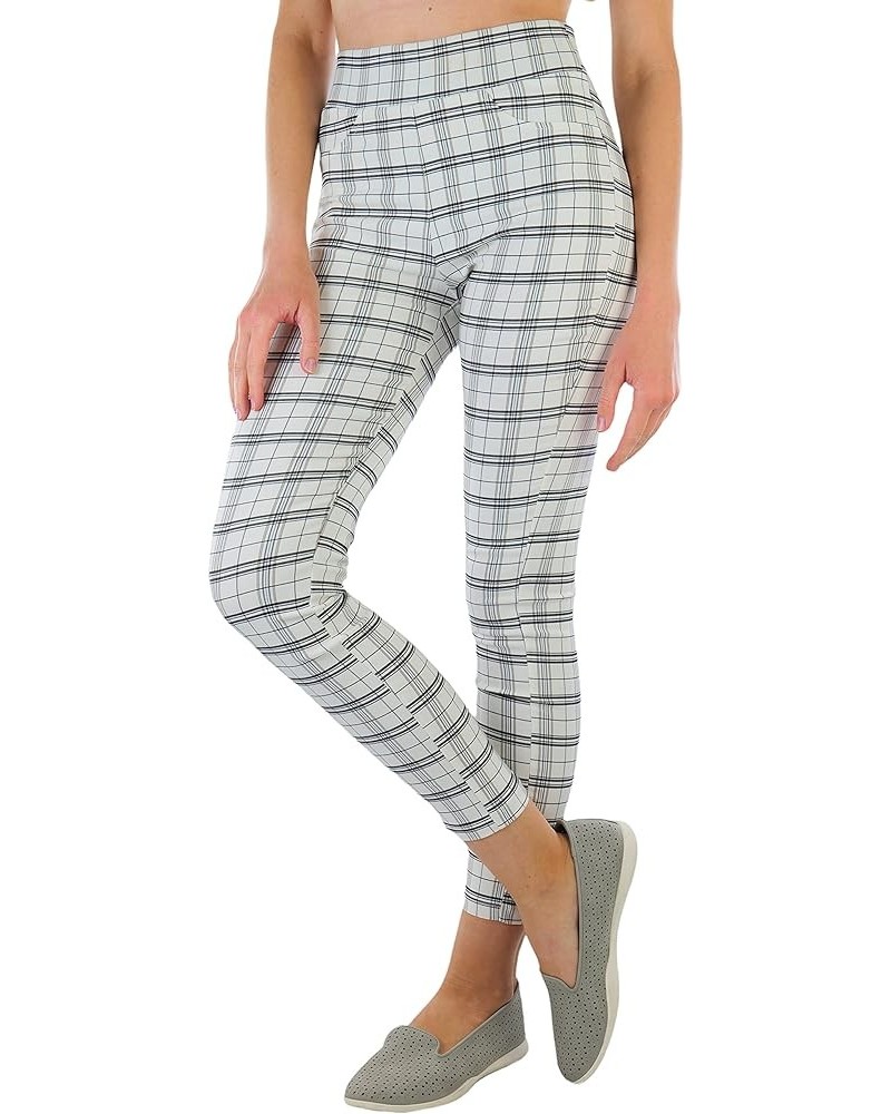 Women's Belted Bengaline Ankle Length Pants White & Black Plaid Pattern $18.57 Pants