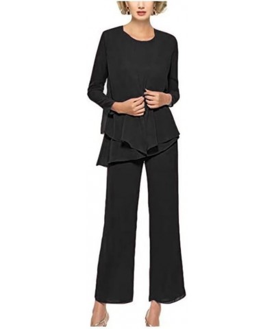 Women's Mother of The Bride Pantsuits for Wedding Chiffon Evening Gown with Jacket 3PCs Wedding Guest Outfit Set Black $19.74...