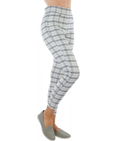 Women's Belted Bengaline Ankle Length Pants White & Black Plaid Pattern $18.57 Pants