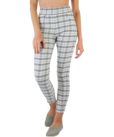 Women's Belted Bengaline Ankle Length Pants White & Black Plaid Pattern $18.57 Pants