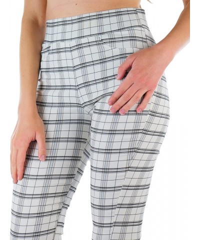 Women's Belted Bengaline Ankle Length Pants White & Black Plaid Pattern $18.57 Pants