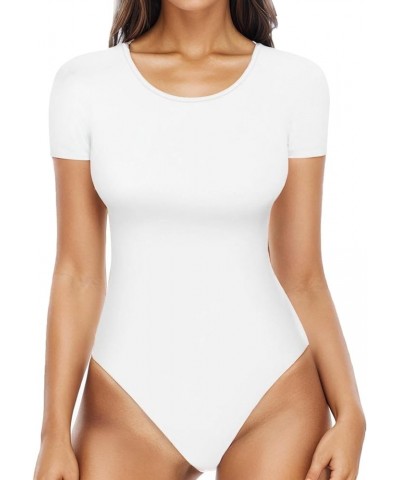 Womens Crewneck Short Sleeve Bodysuit Basic Tops Stretch Sexy Body Suits 3 White $11.12 Lingerie