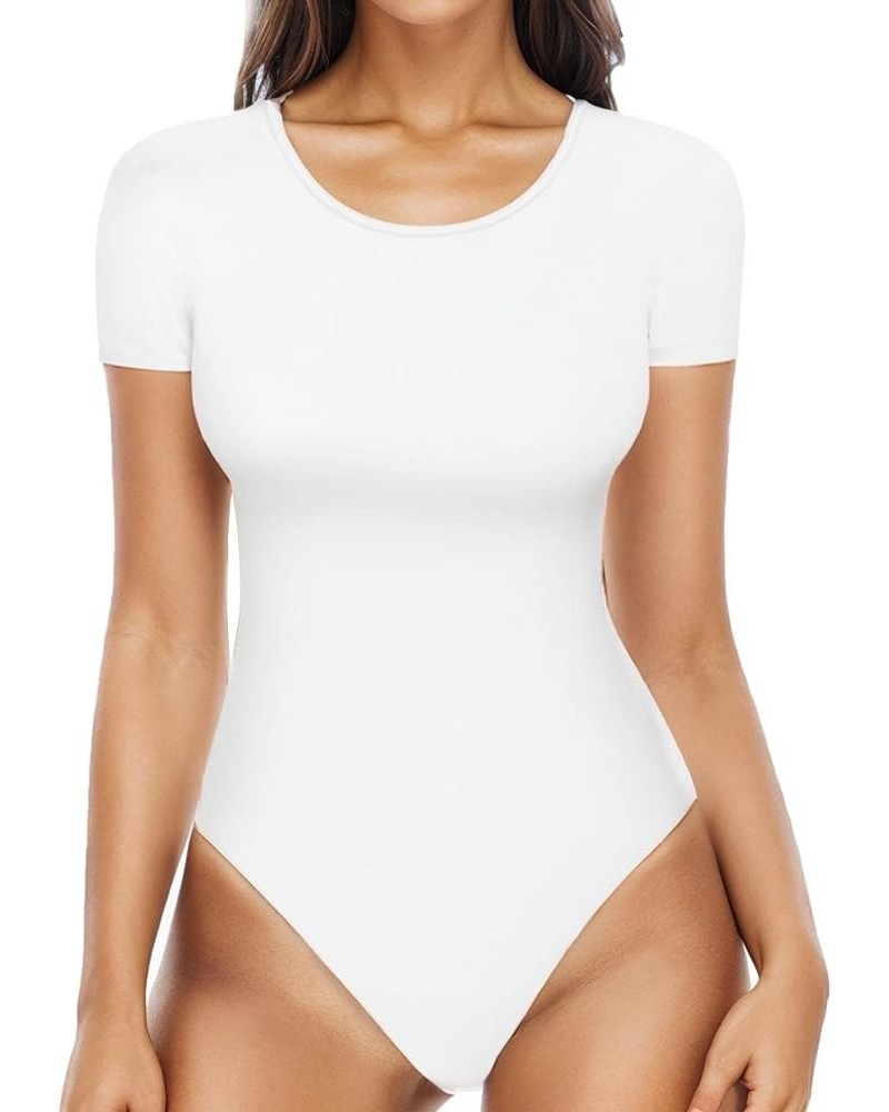 Womens Crewneck Short Sleeve Bodysuit Basic Tops Stretch Sexy Body Suits 3 White $11.12 Lingerie