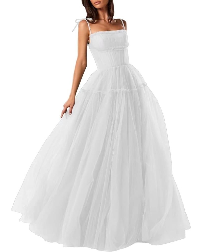 Spaghetti Straps Prom Dresses Tulle Long Formal Evening Party Gowns for Women Backless Bridesmaid Dress A-Line White $34.44 D...