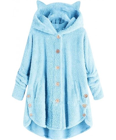 Fleece Jacket Women Cute Cat Ear Fuzzy Hoodies Fall Winter Coats Oversized Lightweight Button Down Cardigan Pajama D Sky Blue...