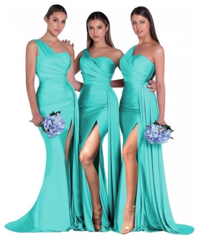 Women's One Shoulder Bridesmaid Dresses Long with Slit Pleats Satin Mermaid Formal Wedding Party Gowns Turquoise $33.79 Dresses