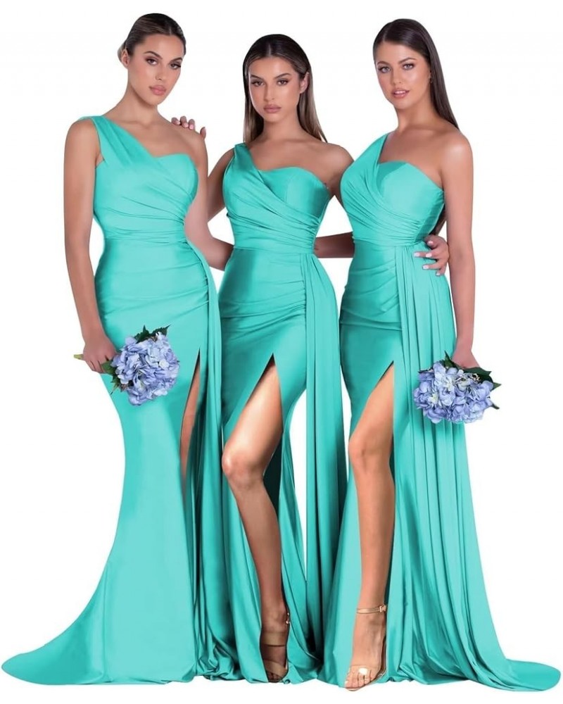 Women's One Shoulder Bridesmaid Dresses Long with Slit Pleats Satin Mermaid Formal Wedding Party Gowns Turquoise $33.79 Dresses