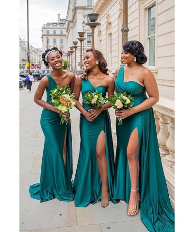 Women's One Shoulder Bridesmaid Dresses Long with Slit Pleats Satin Mermaid Formal Wedding Party Gowns Turquoise $33.79 Dresses